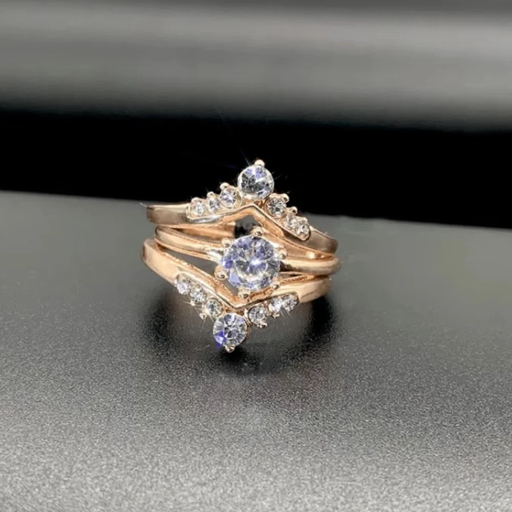 New! 3 Three Piece Stackable Crown Shaped Rose Gold Ring Set Sz 9 Faux Diamonds